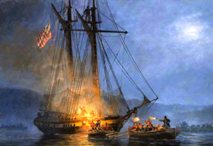 During the battle of Gloucester Point on June 12, 1813, the vastly outnumbered crew of the U.S. Coast Guard cutter Surveyor defended their ship against an attack from British sailors. Painting from U.S. Coast Guard Collection.