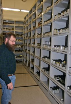Curator Eric Hilton inspects one bay of the VIMS Fish Collection.