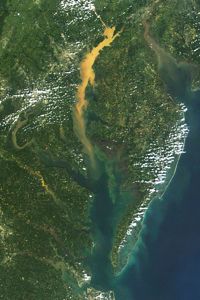 A satellite view of the sediment plume from Tropical Storm Lee and Hurricane Irene. Image courtesy of NASA. Click image for additional NASA imagery.