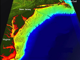 The Mid-Atlantic Bight stretches from Cape Hatteras to Cape Cod. Its broad continental shelf is cut by numerous submarine canyons.