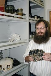 VIMS Assistant Professor Eric Hilton prepares to add the mastodon tooth to VIMS' collection of vertebrate fossils and remains. 