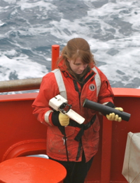 Warinner Fellow Anna Mosby aboard the research vessel icebreaker Nathaniel B. Palmer in the Ross Sea. Photo by Hai Doan.