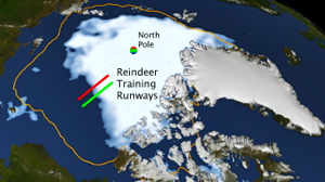 Melting sea-ice cut into Santa's traditional reindeer runways during record low sea-ice extent in August 2012. Yellow line shows average August sea-ice extent between 1979-2010.