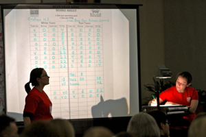 VIMS graduate student Julia  Moriarty (R) keeps score during the 2012 Blue Crab Bowl. Photo by David Hollingsworth, ODU.