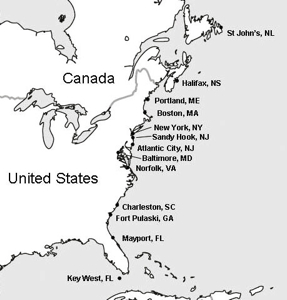Location of tide stations on the Atlantic coast of North America. Sea-level data for U.S. tide stations are collected and distributed by NOAA’s National Ocean Service.