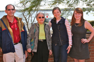 Members of J. Ernie Warinner's family visited the Virginia Institute of Marine Science. From L: Mr. Robert Warinner and Mrs. Frances Warinner, with VIMS graduate students Annie Murphy and Anna Mosby.=
