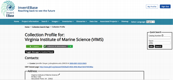A screenshot of the VIMS profile on the InvertEBase website.