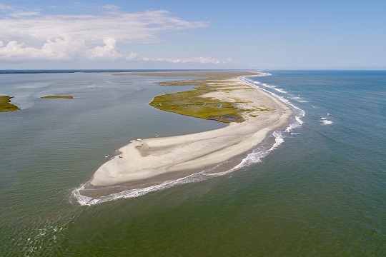 Aerial photo from over Wachapreague Inlet, looking north towards our project area on southern Cedar Island, VA. Photo Sept. 2018 by D. Gong, VIMS.