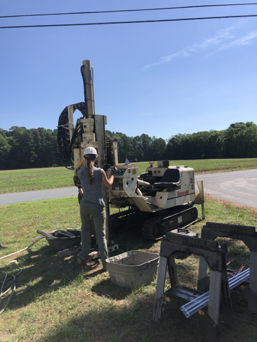 Jennifer Connell collecting a Geoprobe drill core in the Wachapreague Formation along the east-central Virginia Eastern Shore.