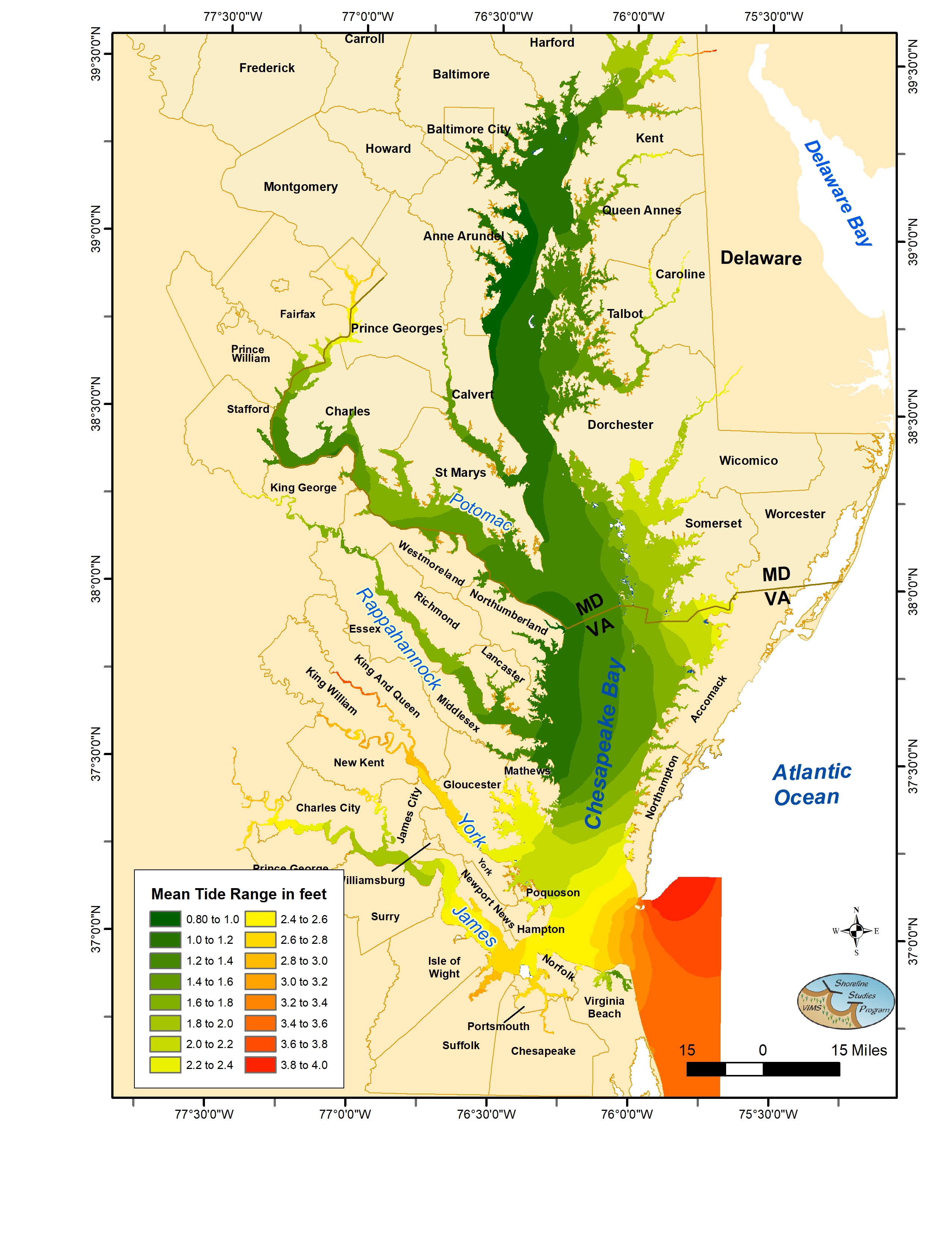 Map showing Mean Tide Ranges in feet
