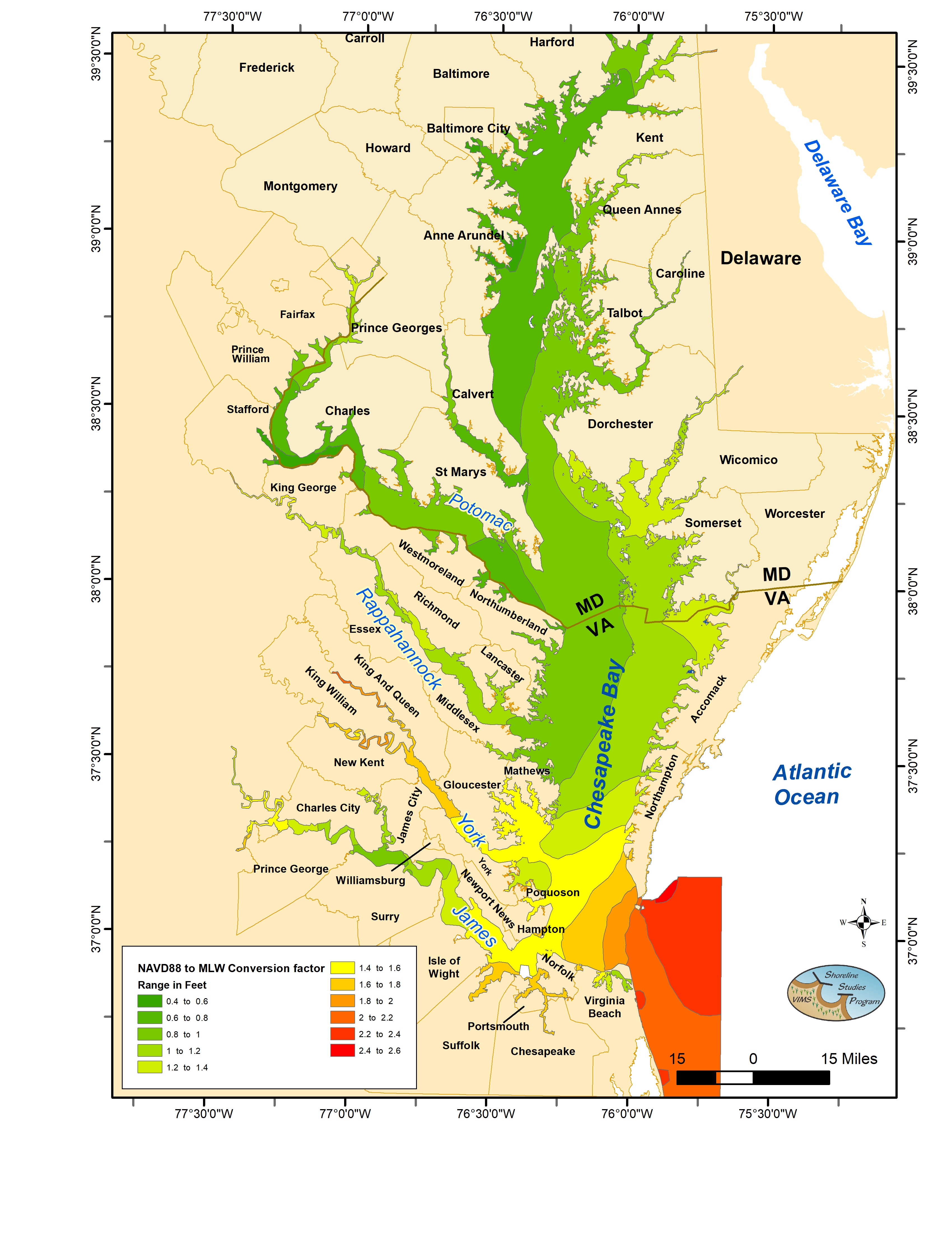 Difference between NAVD88 and MLW in feet